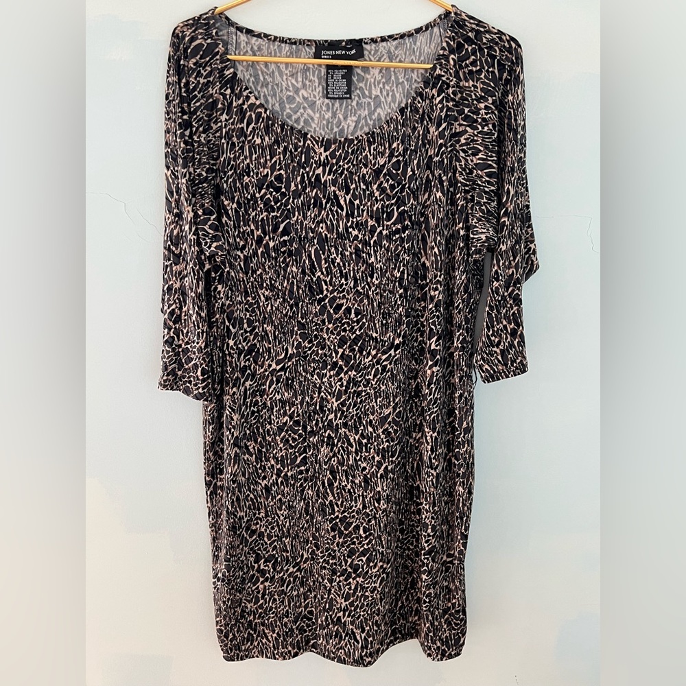 Jones New York Abstract Animal Print Belted Dress Sz 8 Black, Brown & Tan EUC